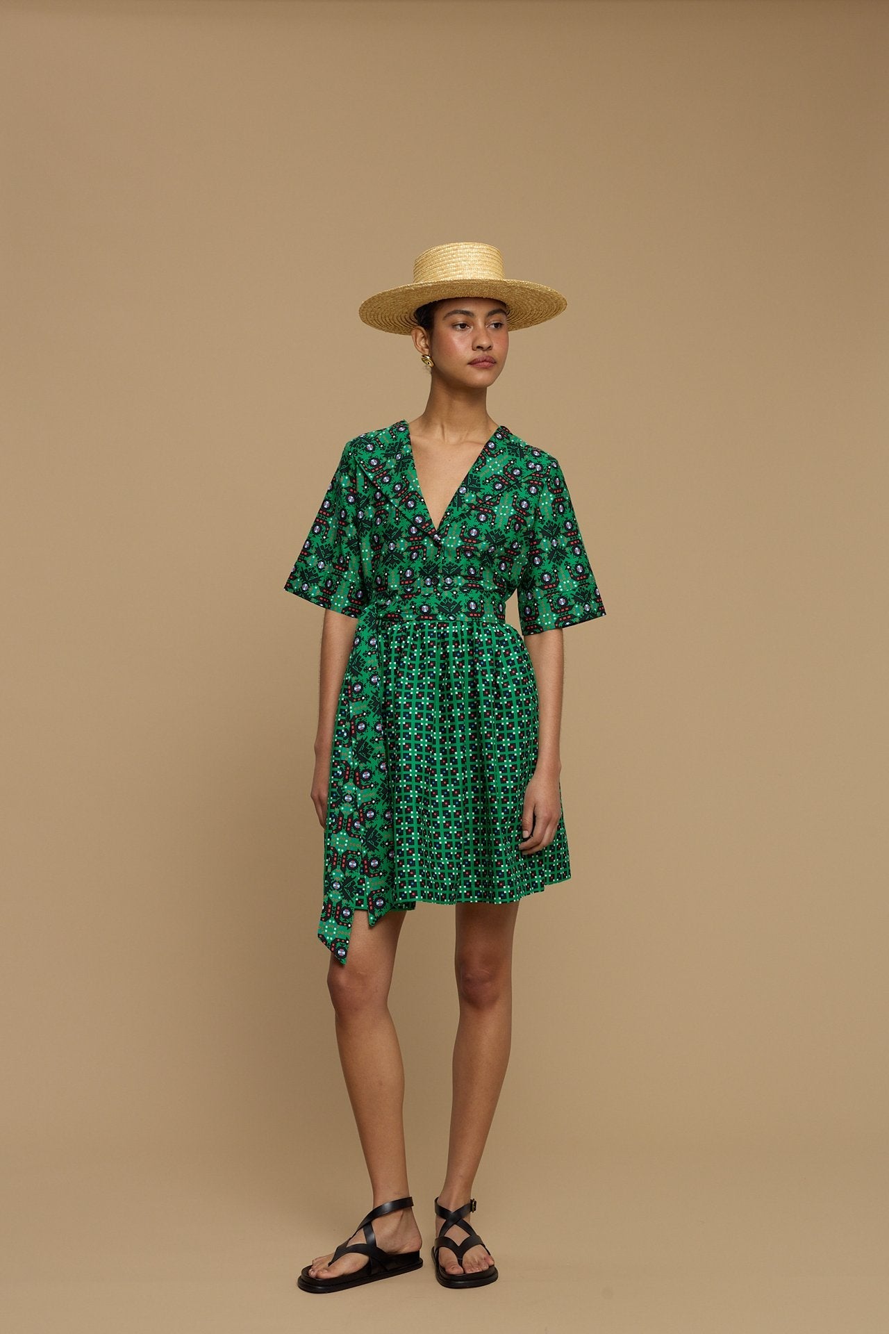 MINI  DRESS SIFNOS (AMORGOS BIRD BLACK & GREEN  PRINT)