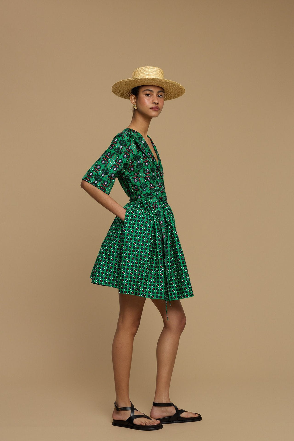 MINI  DRESS SIFNOS (AMORGOS BIRD BLACK & GREEN  PRINT)