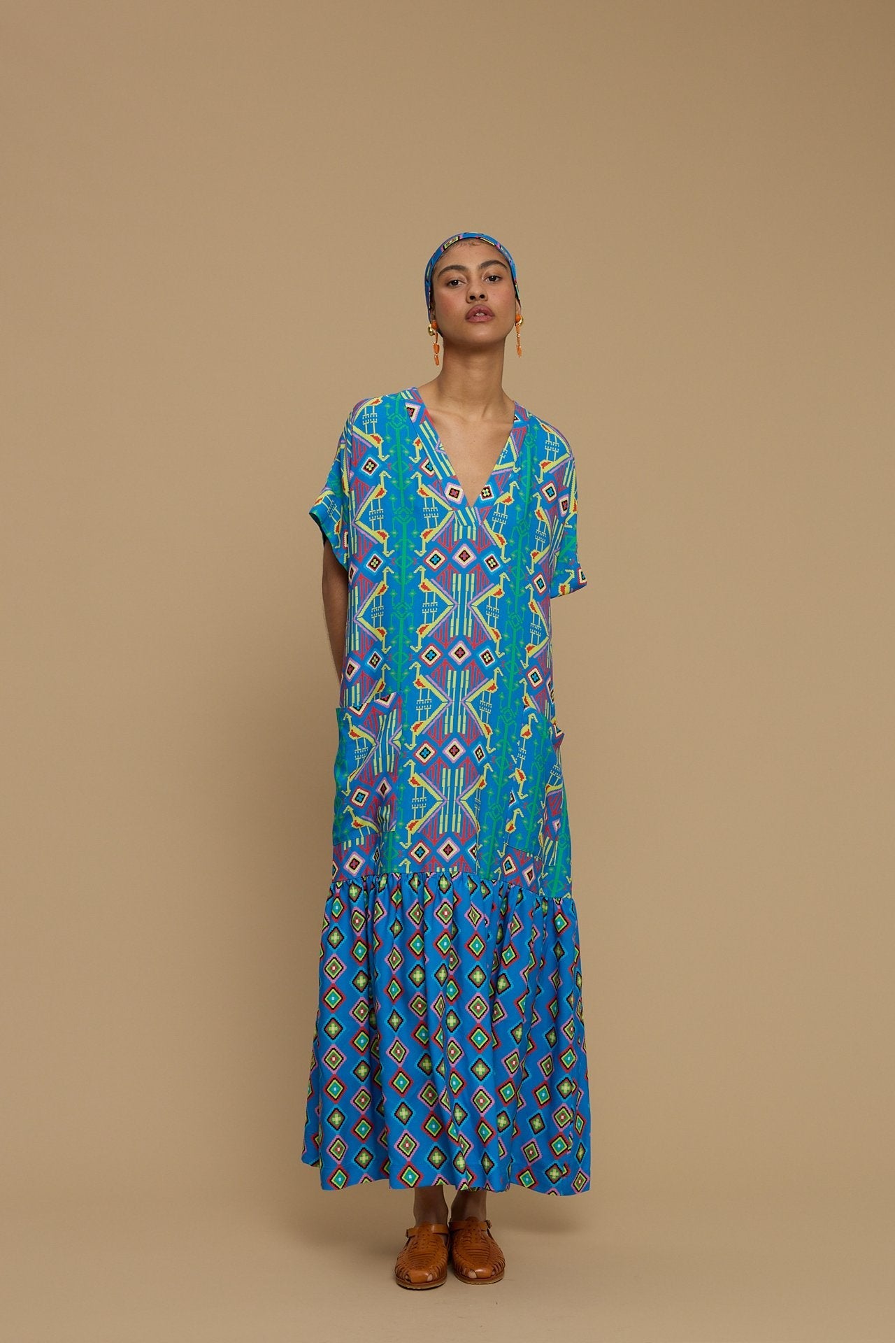 MAXI DRESS TINOS (SIFNOS BIRD BLUE PRINT)
