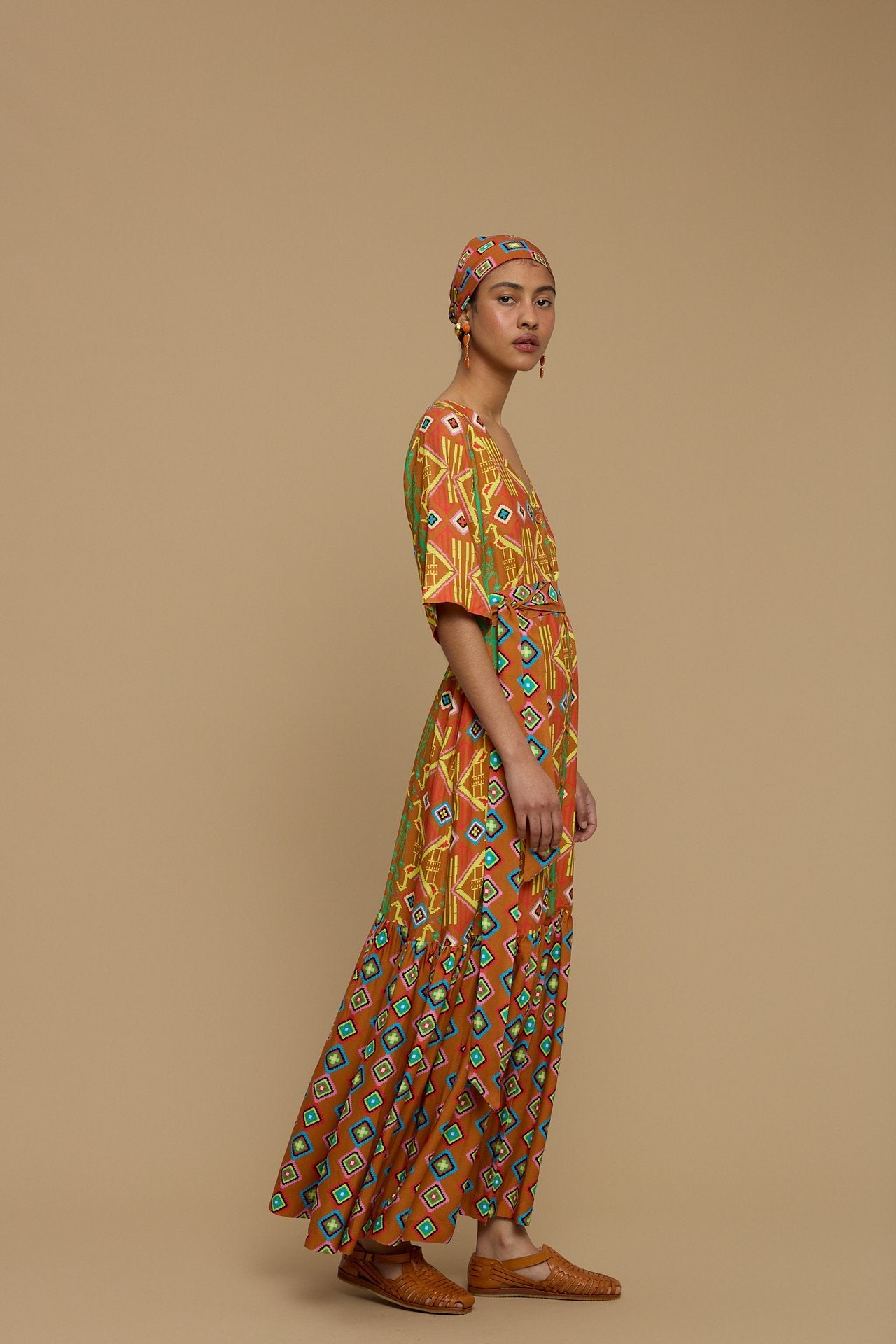 MAXI DRESS ANDROS (SIFNOS BIRD BROWN PRINT)