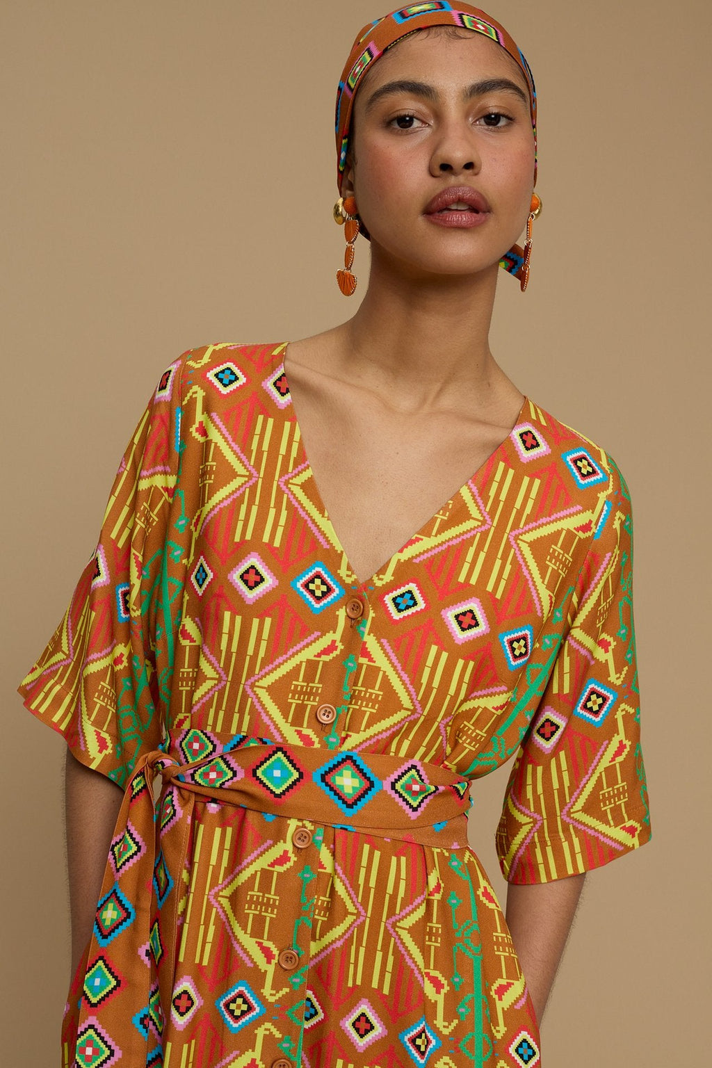 MAXI DRESS ANDROS (SIFNOS BIRD BROWN PRINT)