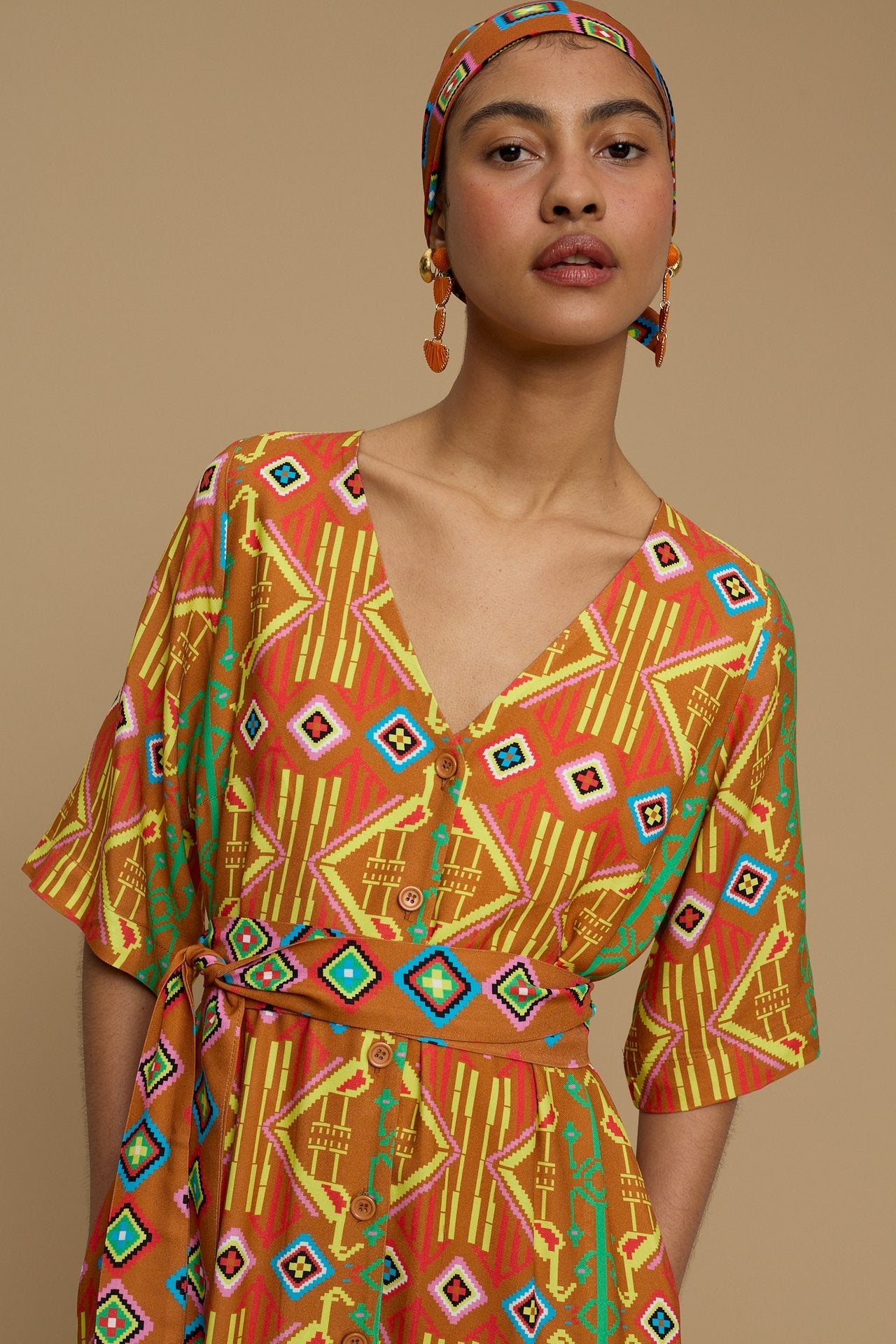 MAXI DRESS ANDROS (SIFNOS BIRD BROWN PRINT)