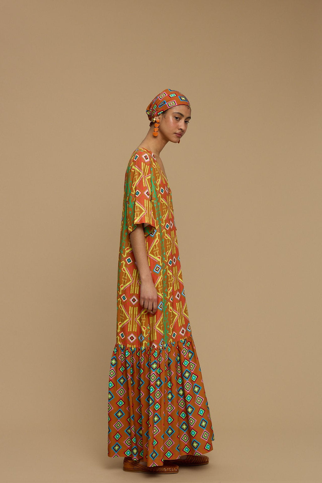 MAXI DRESS ANDROS (SIFNOS BIRD BROWN PRINT)