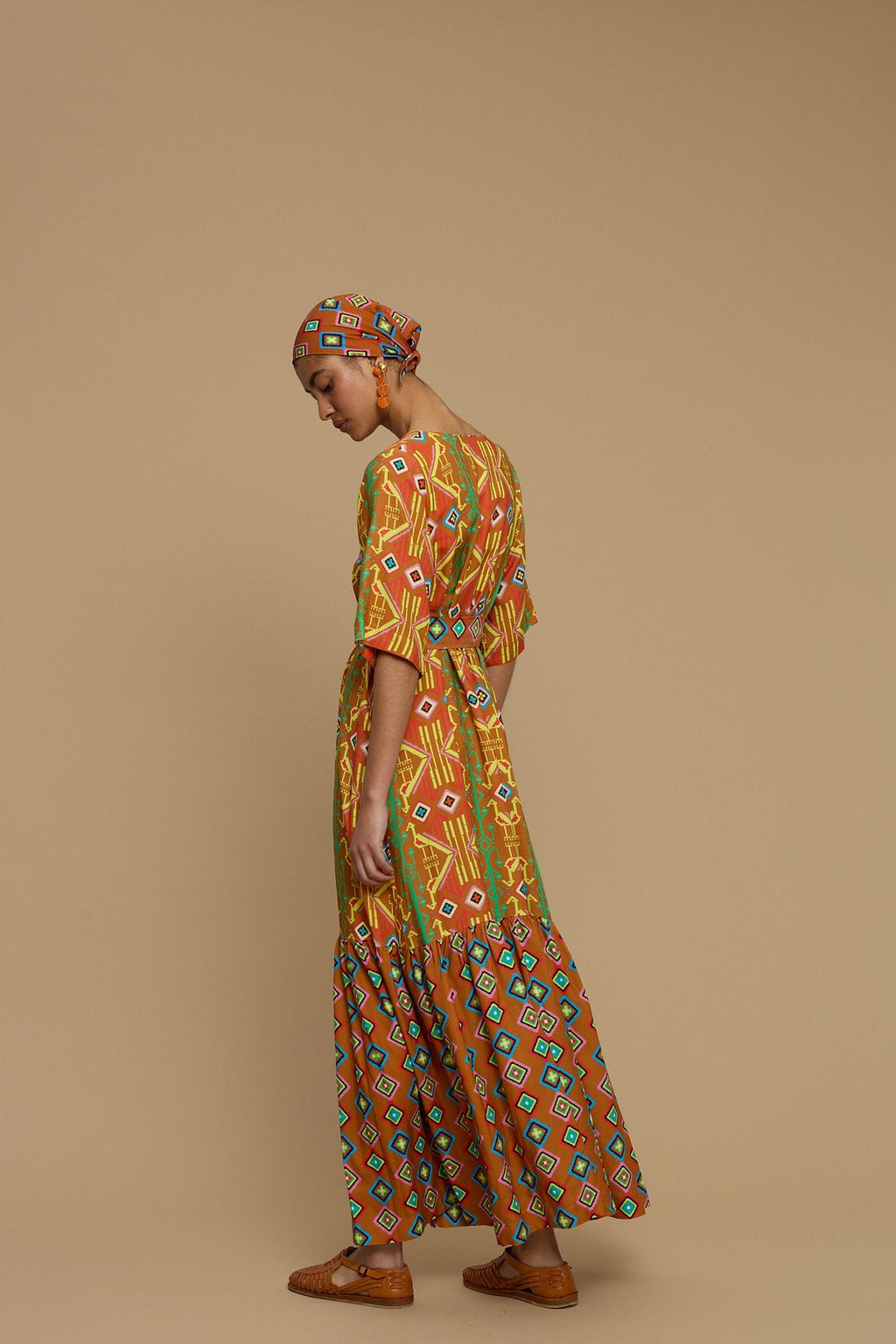 MAXI DRESS ANDROS (SIFNOS BIRD BROWN PRINT)