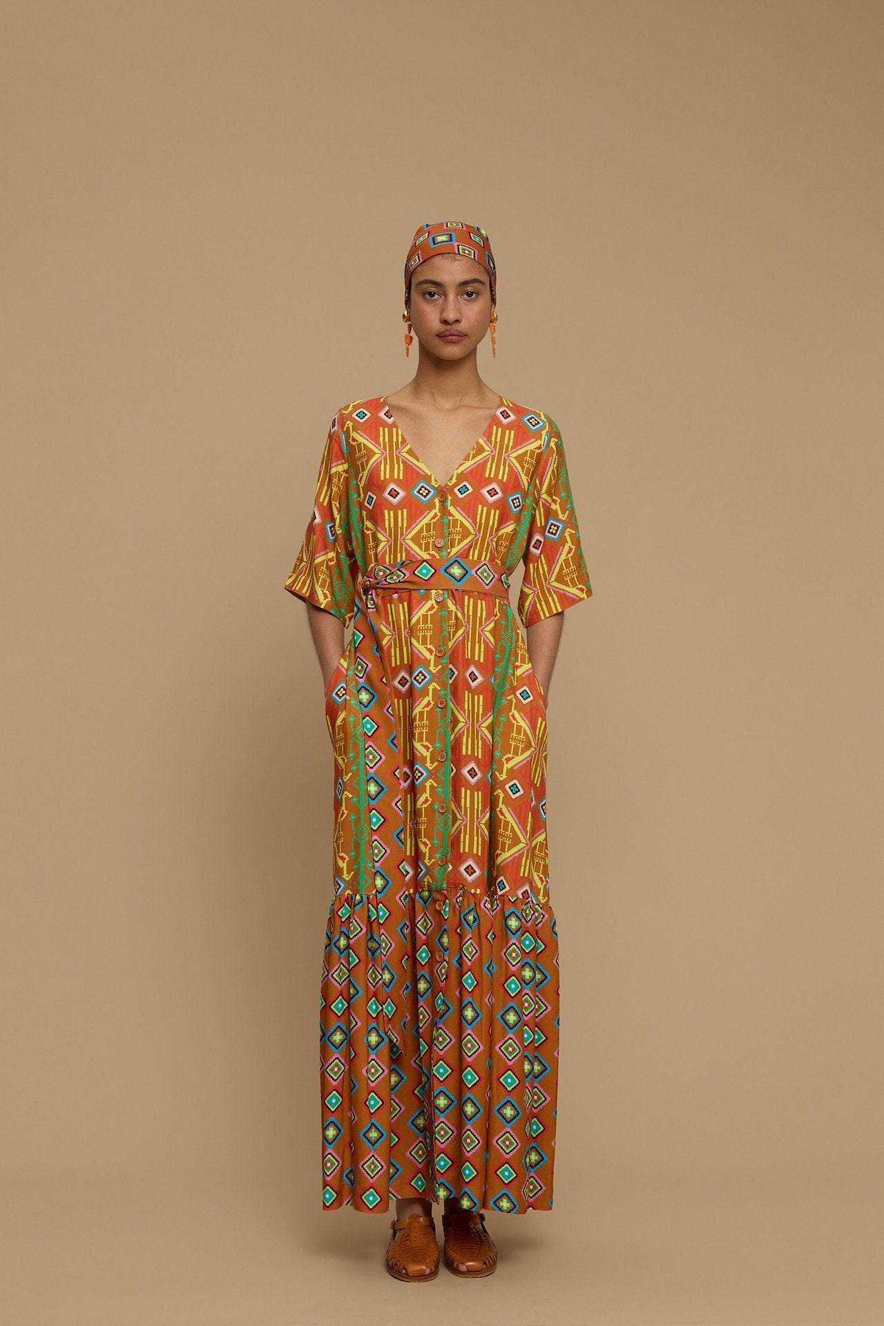 MAXI DRESS ANDROS (SIFNOS BIRD BROWN PRINT)