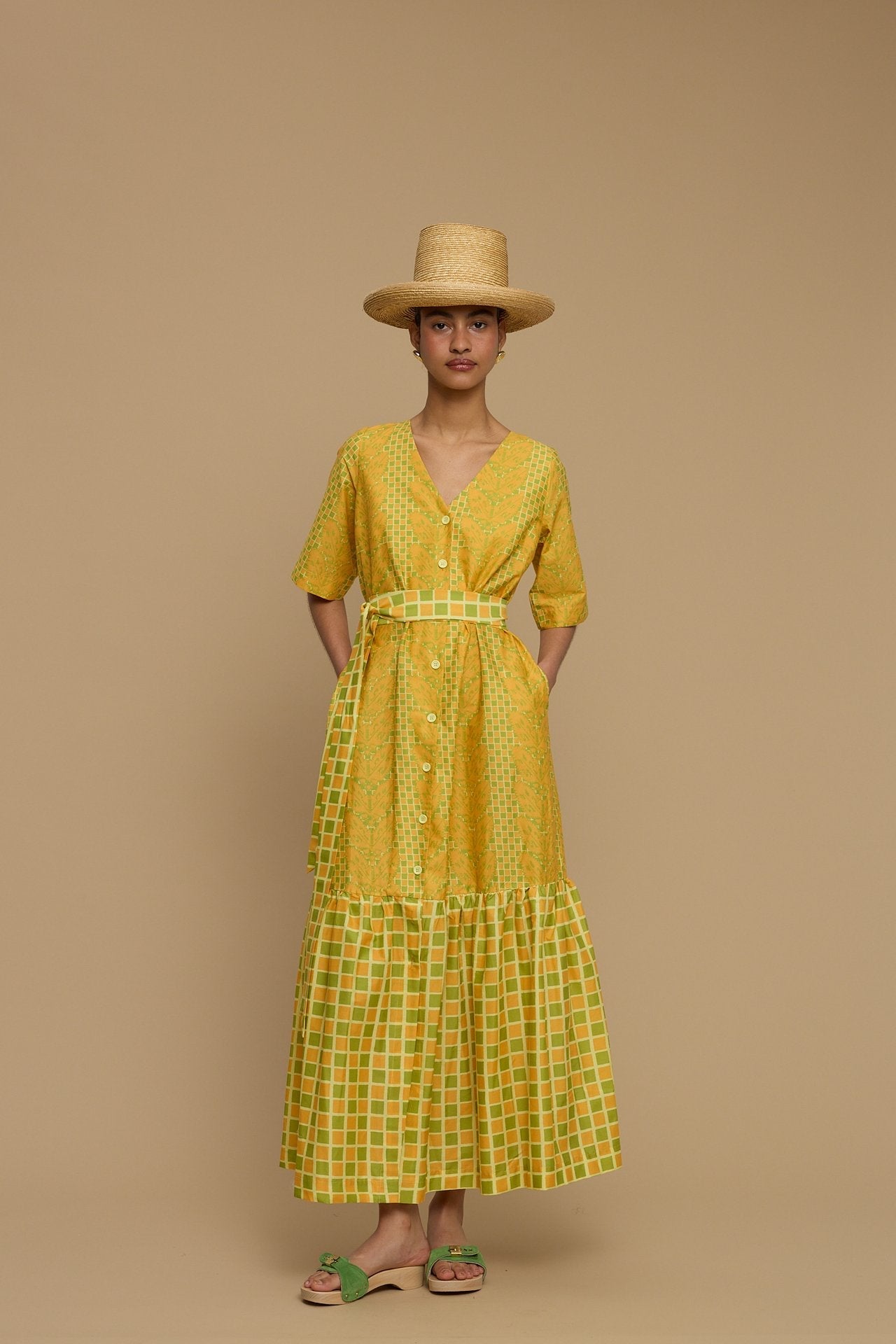 MAXI DRESS ANDROS  (NAXOS CURTAIN LIME & ORANGE PRINT)