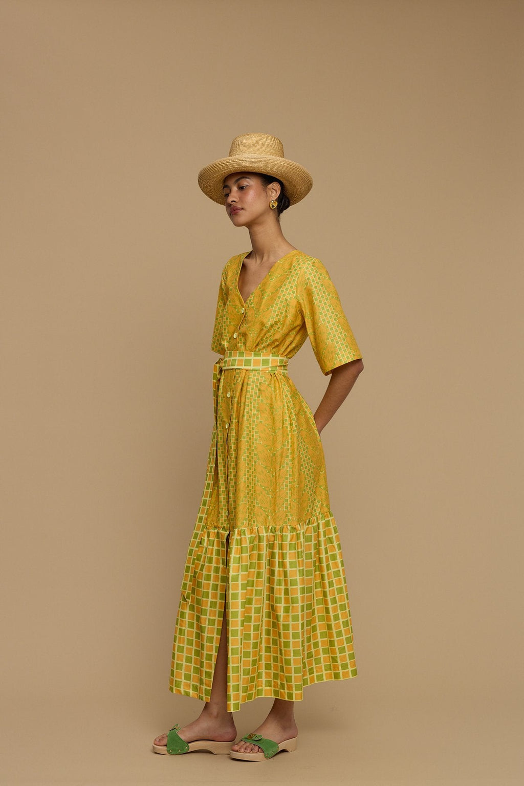 MAXI DRESS ANDROS  (NAXOS CURTAIN LIME & ORANGE PRINT)
