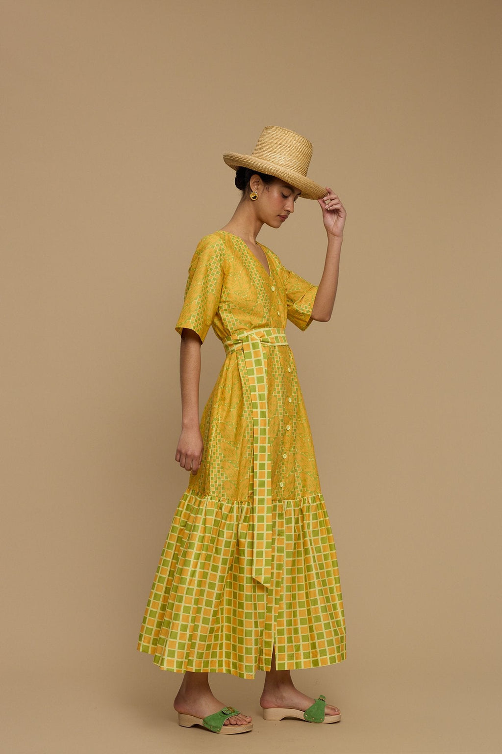 MAXI DRESS ANDROS  (NAXOS CURTAIN LIME & ORANGE PRINT)