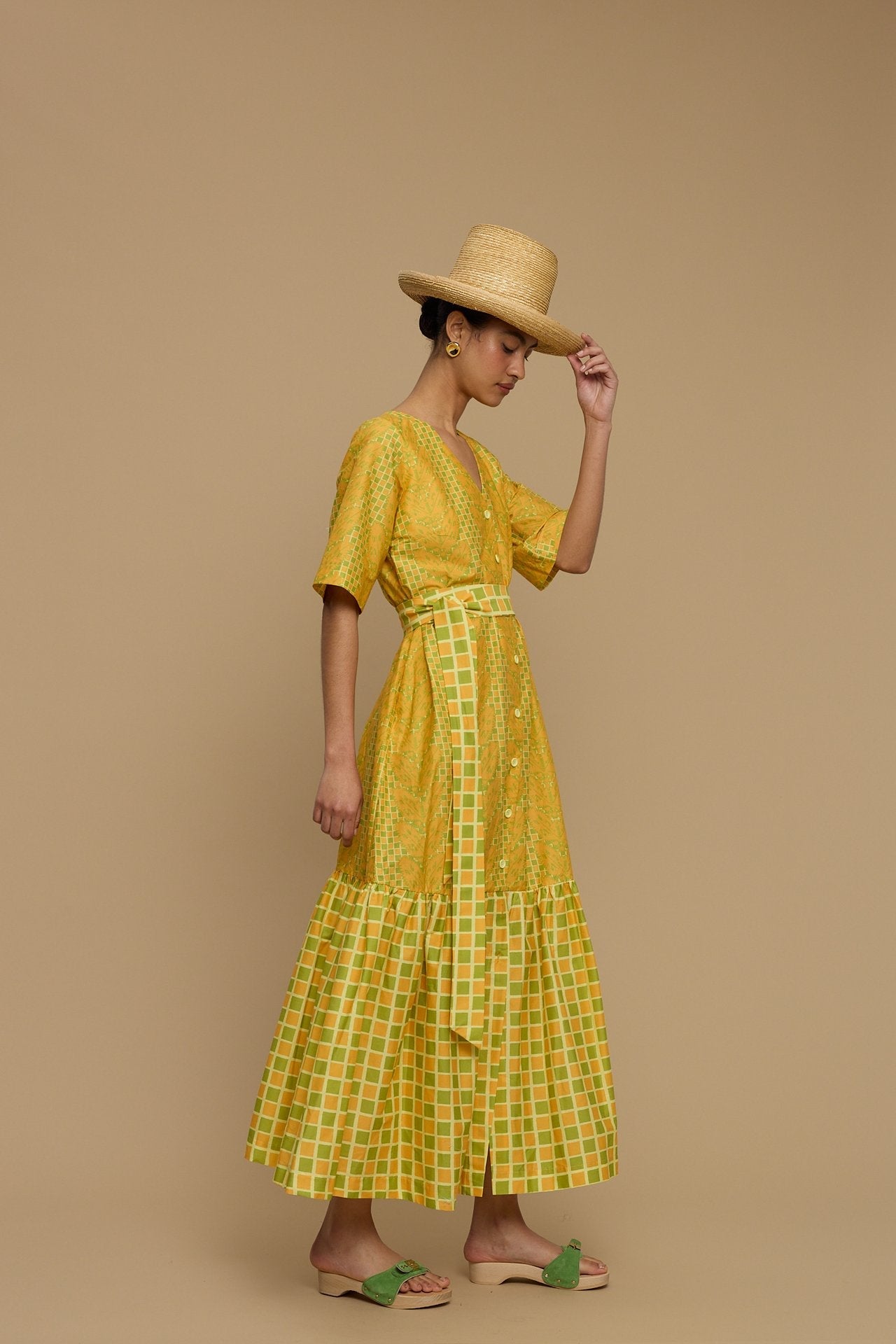 MAXI DRESS ANDROS  (NAXOS CURTAIN LIME & ORANGE PRINT)
