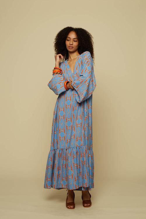 ALOGON MAXI DRESS (BLUE GEO PEOPLE PRINT)